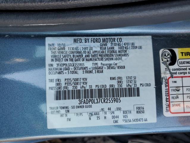 3FADP0L37CR255905 - 2012 FORD FUSION HYBRID GRAY photo 12