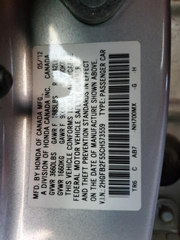 2HGFB2F55CH573559 - 2012 HONDA CIVIC LX SILVER photo 12