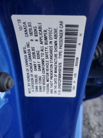 2HGFC2F66KH501676 - 2019 HONDA CIVIC LX BLUE photo 12