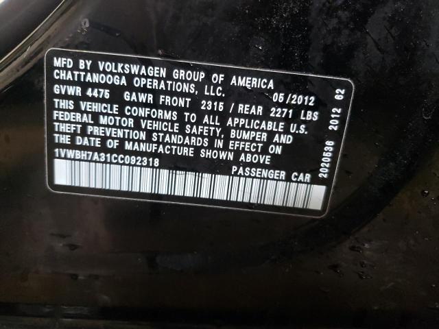 1VWBH7A31CC092318 - 2012 VOLKSWAGEN PASSAT SE BLACK photo 12