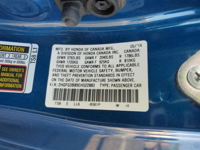 2HGFG3B89EH522883 - 2014 HONDA CIVIC EX BLUE photo 13