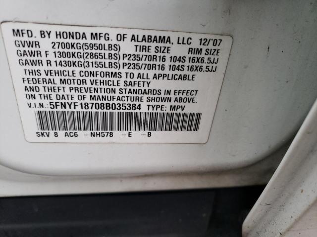 5FNYF18708B035384 - 2008 HONDA PILOT EXL WHITE photo 14