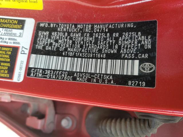 4T1BF1FK5EU811648 - 2014 TOYOTA CAMRY L RED photo 13