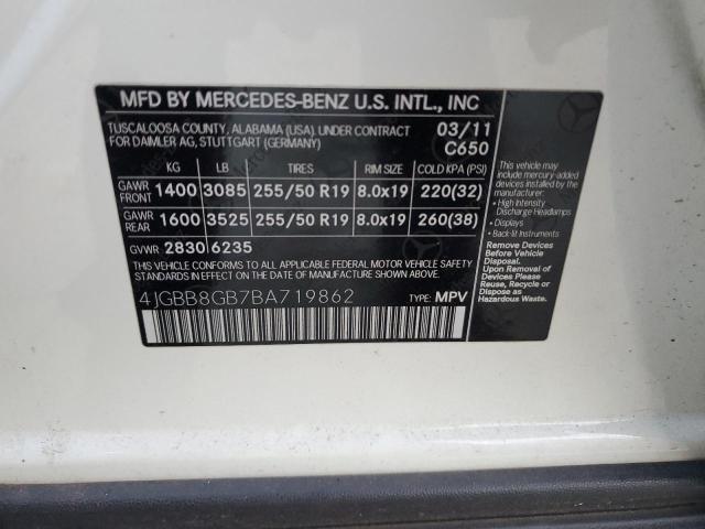 4JGBB8GB7BA719862 - 2011 MERCEDES-BENZ ML 350 4MATIC WHITE photo 13