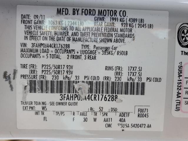 3FAHP0JA4CR176288 - 2012 FORD FUSION SEL WHITE photo 12