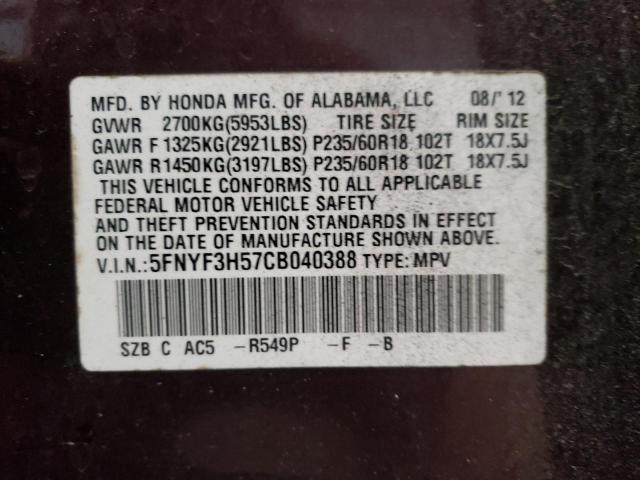 5FNYF3H57CB040388 - 2012 HONDA PILOT EXL MAROON photo 12