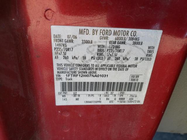 1FTRF12W07NA01031 - 2007 FORD F150 RED photo 12