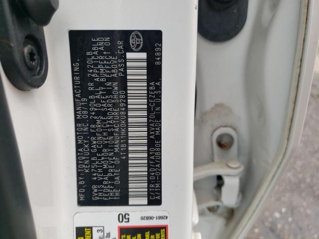 4T1B11HK0KU849280 - 2019 TOYOTA CAMRY L WHITE photo 12