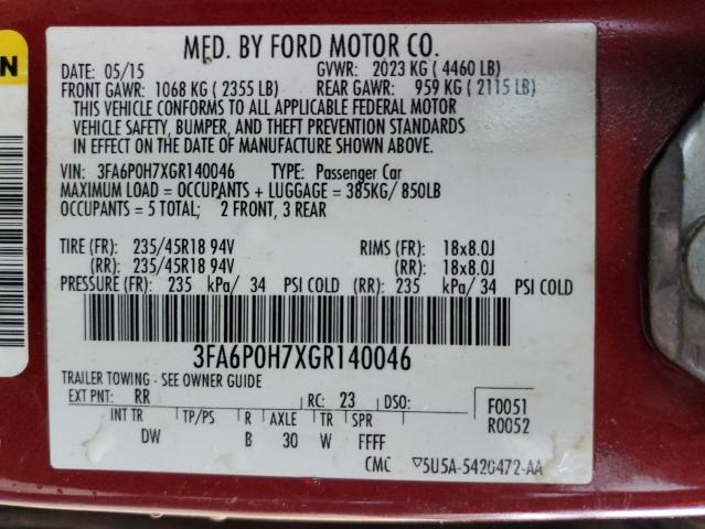 3FA6P0H7XGR140046 - 2016 FORD FUSION SE RED photo 13