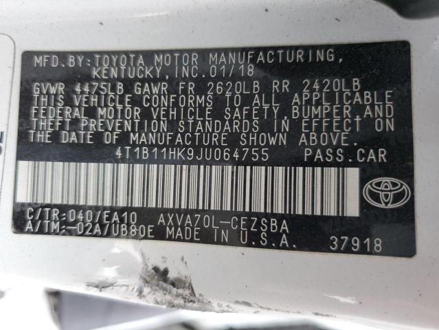 4T1B11HK9JU064755 - 2018 TOYOTA CAMRY L WHITE photo 13