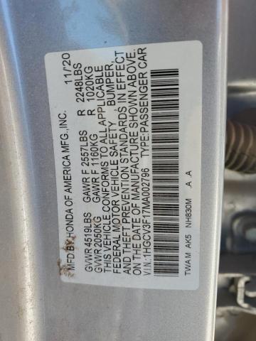 1HGCV3F17MA002796 - 2021 HONDA ACCORD HYBRID SILVER photo 13