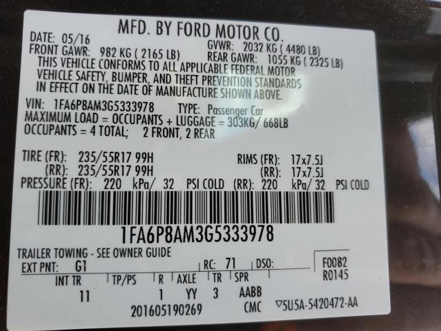 1FA6P8AM3G5333978 - 2016 FORD MUSTANG BLACK photo 12