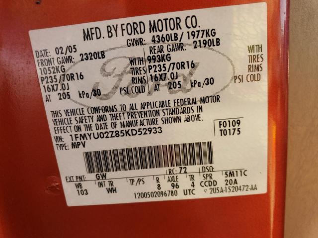 1FMYU02Z85KD52933 - 2005 FORD ESCAPE XLS ORANGE photo 12