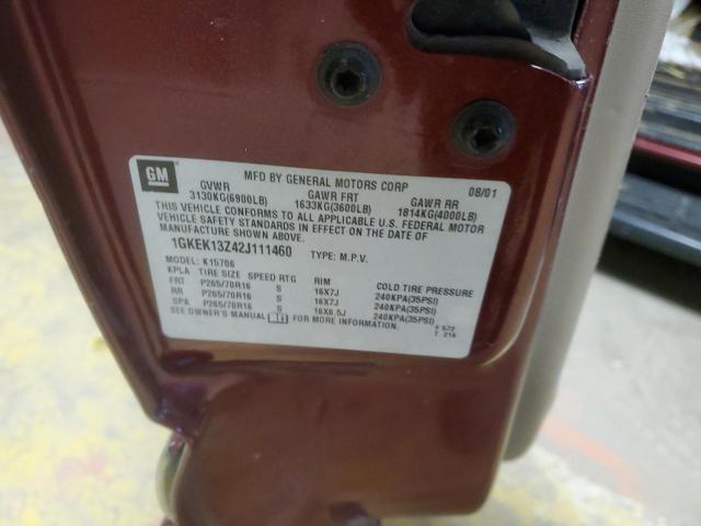 1GKEK13Z42J111460 - 2002 GMC YUKON BURGUNDY photo 12