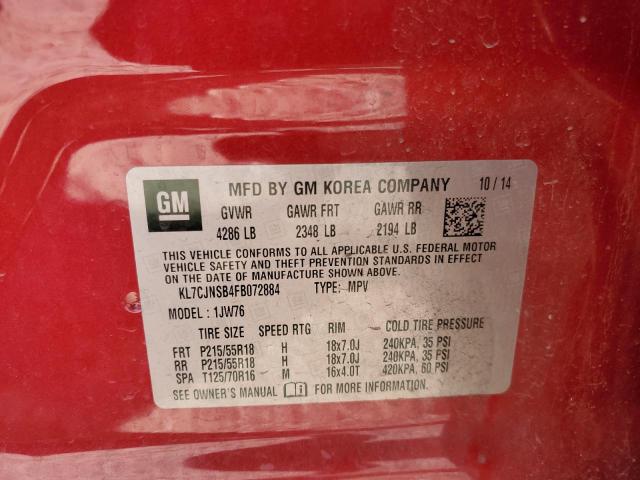 KL7CJNSB4FB072884 - 2015 CHEVROLET TRAX LTZ RED photo 12