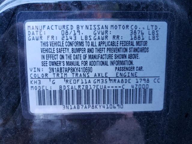 3N1AB7AP8KY410690 - 2019 NISSAN SENTRA S BLACK photo 12