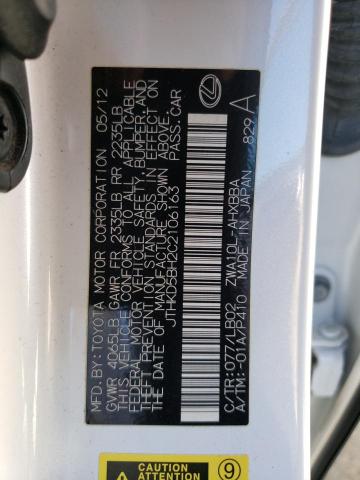 JTHKD5BH2C2106163 - 2012 LEXUS CT 200 WHITE photo 12