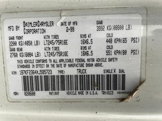 1B7KF2364XJ585723 - 1999 DODGE RAM 2500 白色 照片 10