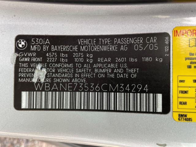 WBANE73536CM34294 - 2006 BMW 530 I SILVER photo 10