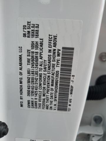 5FNYF6H35MB013935 - 2021 HONDA PILOT EX WHITE photo 12