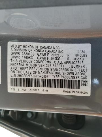 2HGFE2F58SH545857 - 2025 HONDA CIVIC SPORT GRAY photo 12