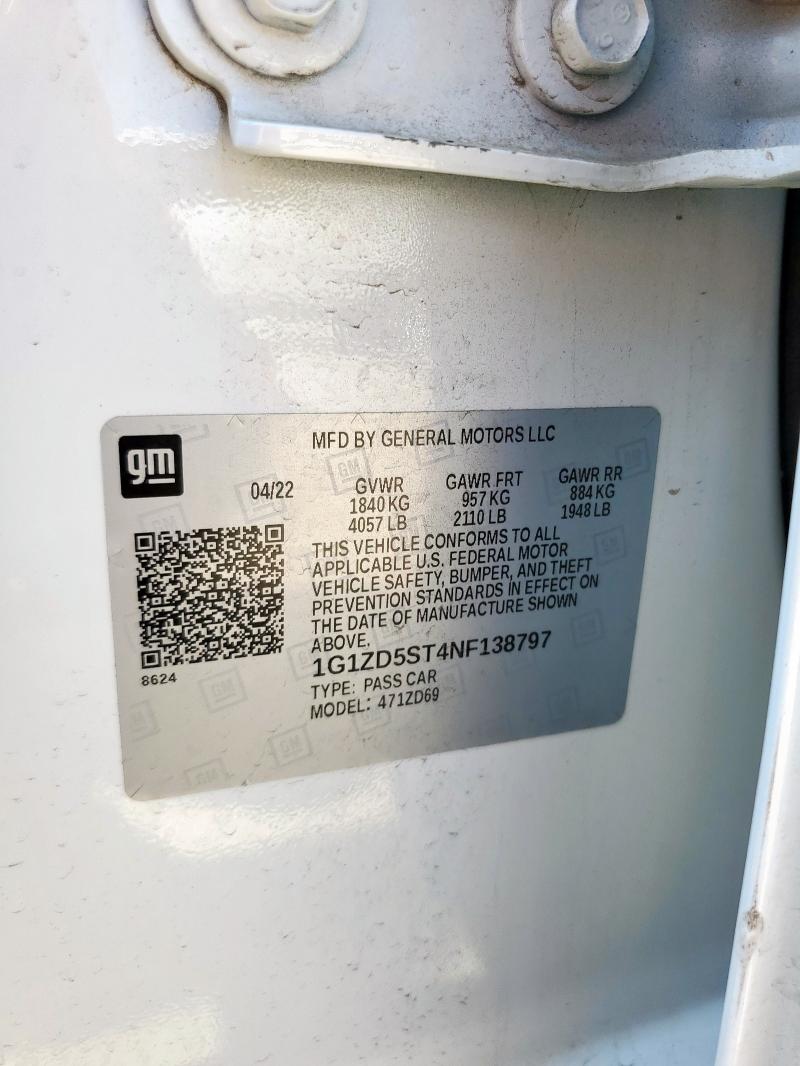 1G1ZD5ST4NF138797 - 2022 CHEVROLET MALIBU LT 白色 照片 12