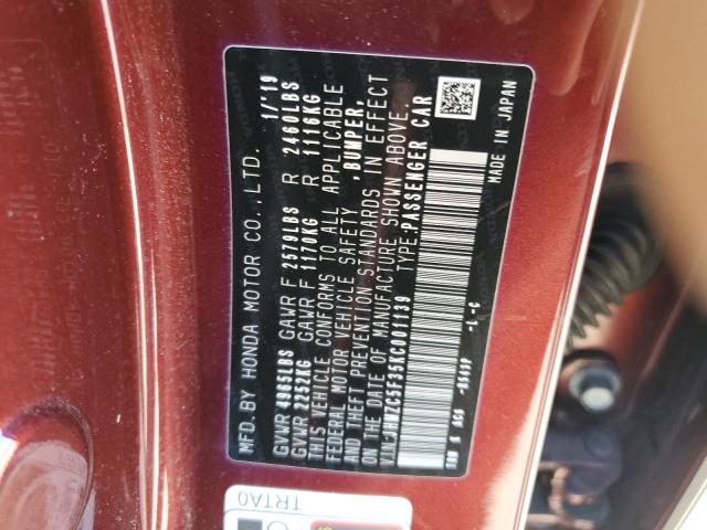 JHMZC5F35KC001139 - 2019 HONDA CLARITY TOURING RED photo 12