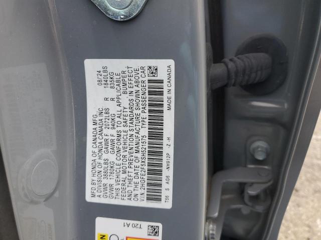 2HGFE2F5XSH521575 - 2025 HONDA CIVIC SPORT ნაცრისფერი ფოტო 13