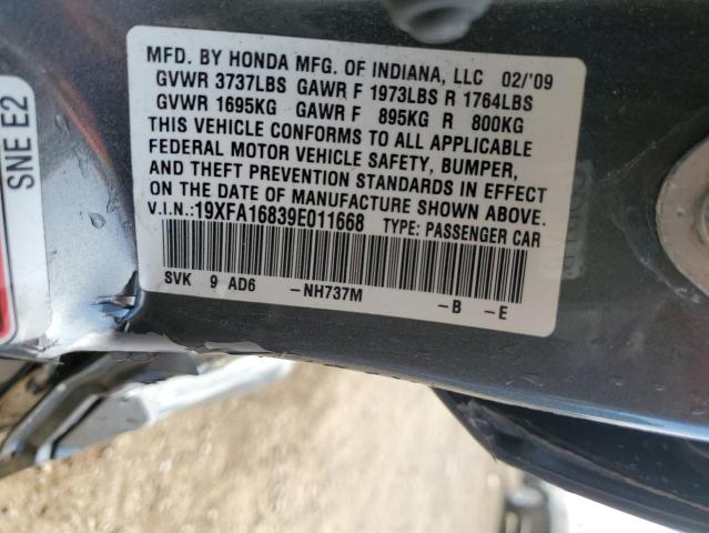 19XFA16839E011668 - 2009 HONDA CIVIC EX GRAY photo 12
