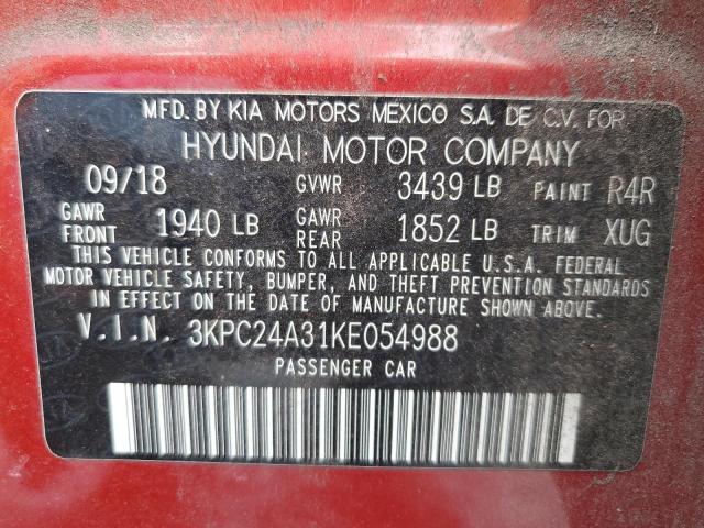 3KPC24A31KE054988 - 2019 HYUNDAI ACCENT SE Қызыл фото 12