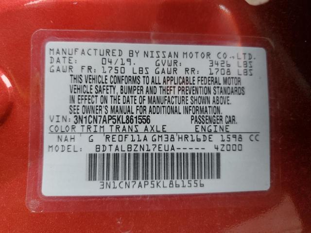 3N1CN7AP5KL861556 - 2019 NISSAN VERSA S RED photo 12