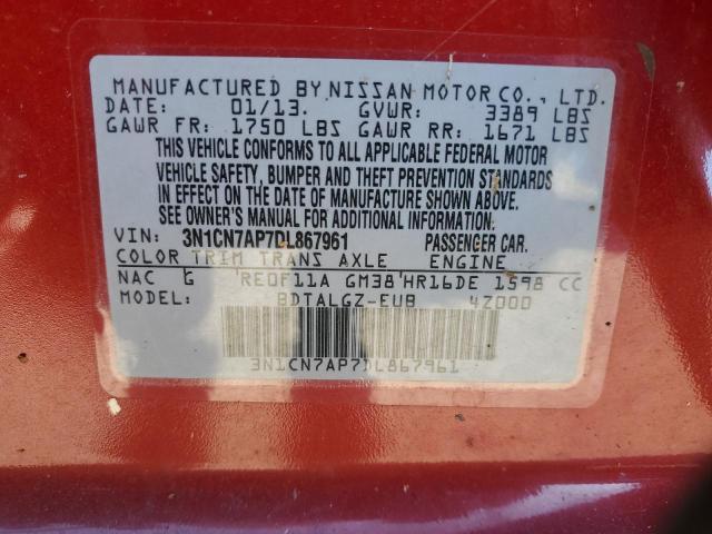 3N1CN7AP7DL867961 - 2013 NISSAN VERSA S RED photo 12