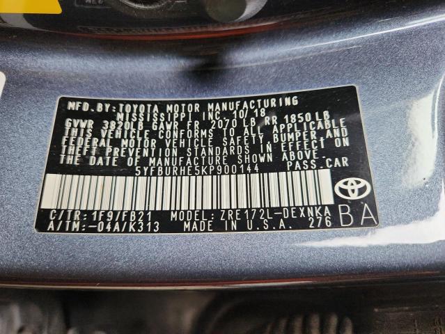 5YFBURHE5KP900144 - 2019 TOYOTA COROLLA L GRAY photo 12