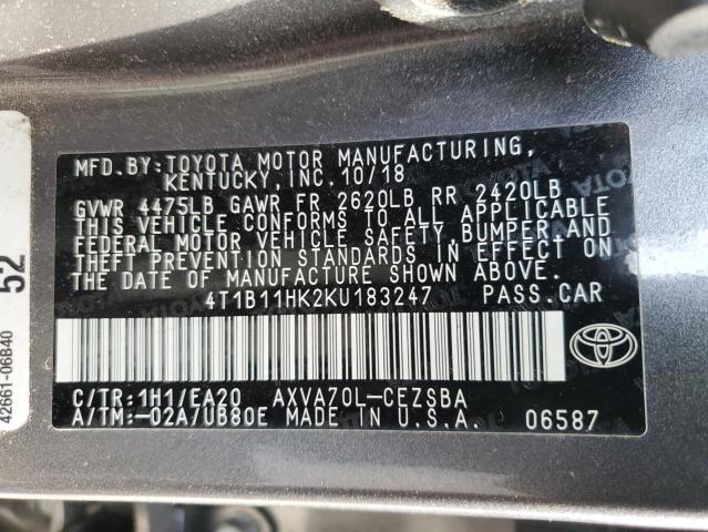4T1B11HK2KU183247 - 2019 TOYOTA CAMRY L GRAY photo 13