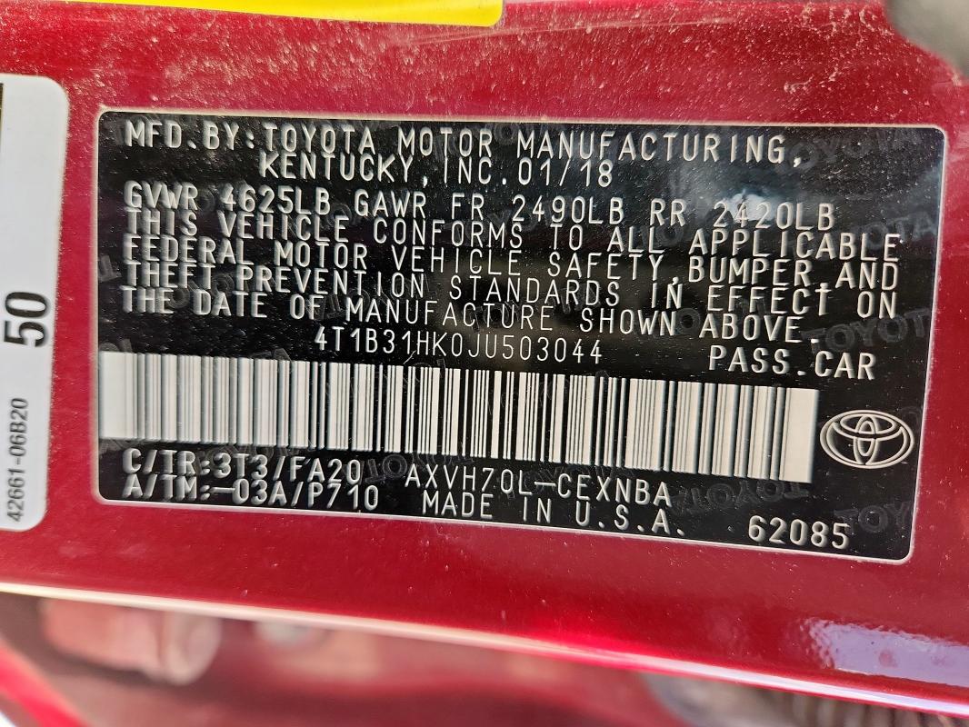 4T1B31HK0JU503044 - 2018 TOYOTA CAMRY LE 勃艮第红 照片 12