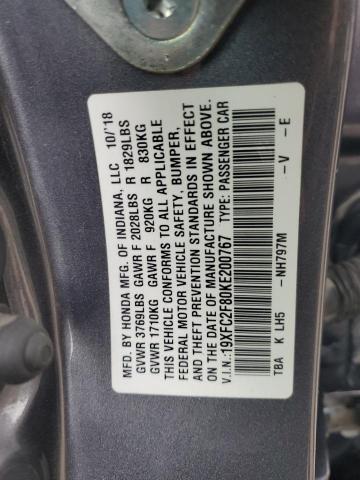 19XFC2F80KE200767 - 2019 HONDA CIVIC SPORT GRAY photo 12