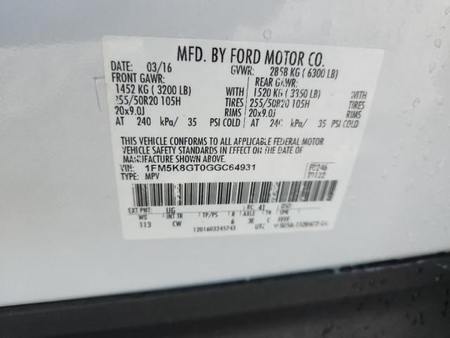 1FM5K8GT0GGC64931 - 2016 FORD EXPLORER SPORT WHITE photo 13