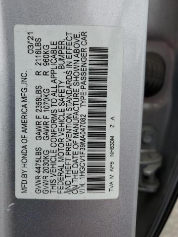 1HGCV1F39MA047082 - 2021 HONDA ACCORD SPORT ვერცხლისფერი ფოტო 13