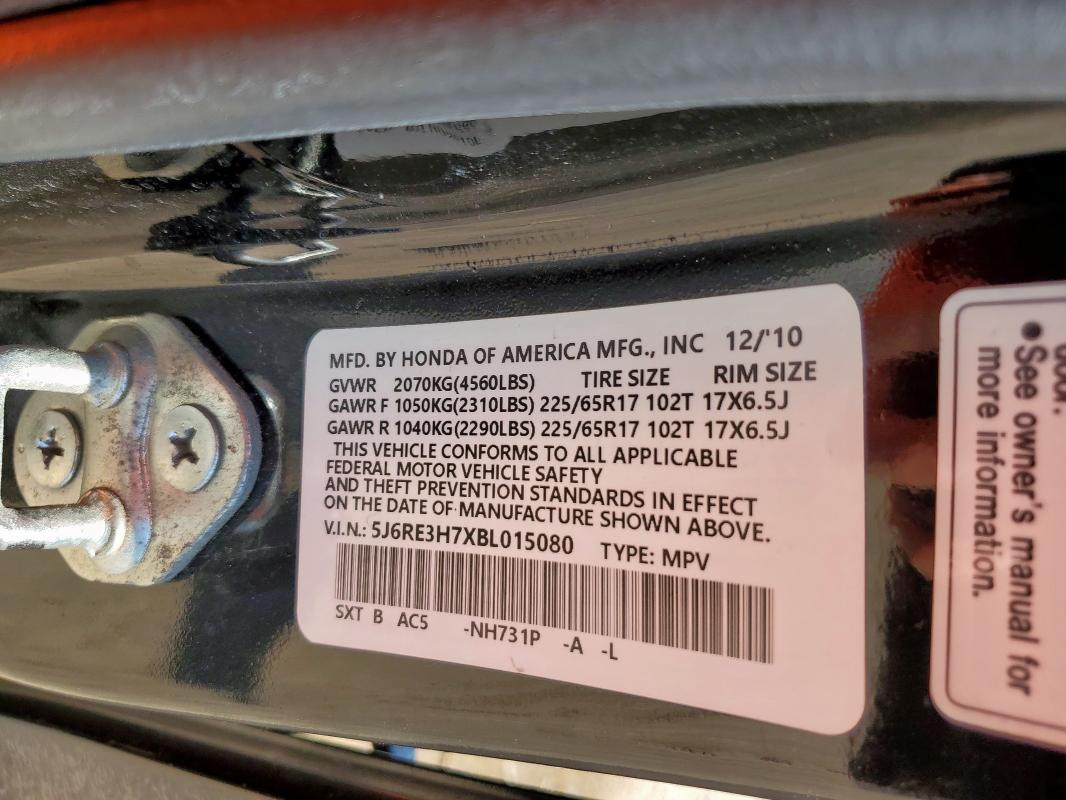 5J6RE3H7XBL015080 - 2011 HONDA CR-V EXL BLACK photo 12