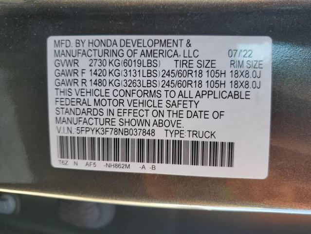5FPYK3F78NB037848 - 2022 HONDA RIDGELINE RTL Сұр фото 12