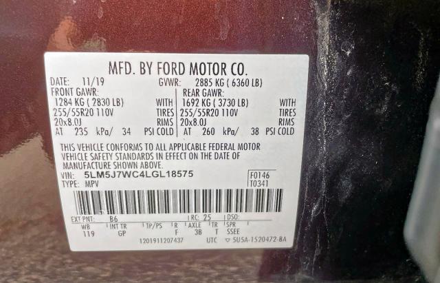 5LM5J7WC4LGL18575 - 2020 LINCOLN AVIATOR RESERVE 勃艮第红 照片 10