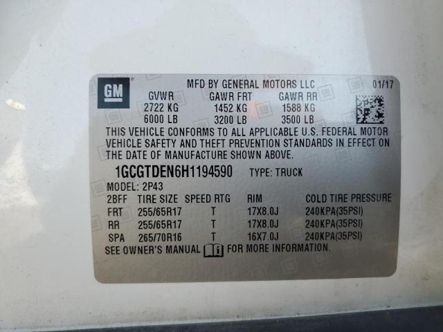 1GCGTDEN6H1194590 - 2017 CHEVROLET COLORADO Z71 WHITE photo 12