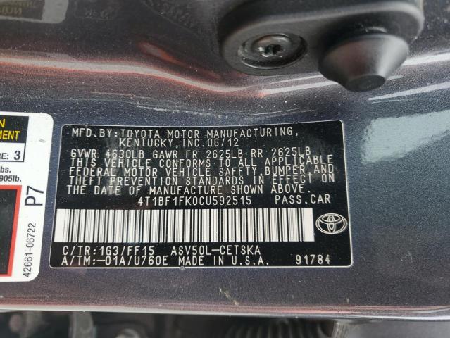 4T1BF1FK0CU592515 - 2012 TOYOTA CAMRY BASE Boz foto 12