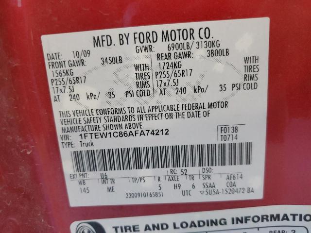 1FTEW1C86AFA74212 - 2010 FORD F150 SUPERCREW RED photo 12