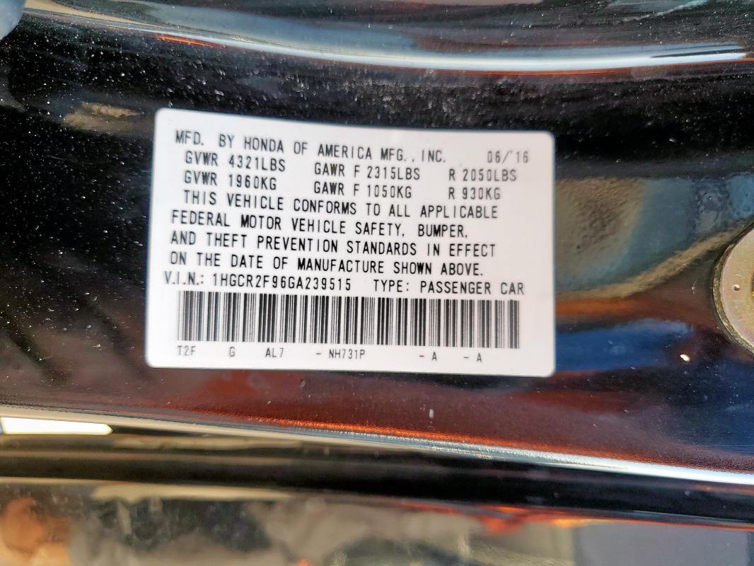 1HGCR2F96GA239515 - 2016 HONDA ACCORD EXL BLACK photo 12