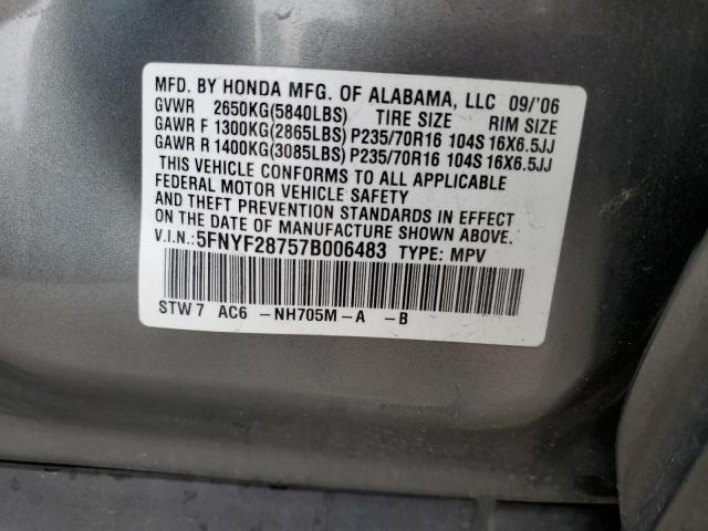 5FNYF28757B006483 - 2007 HONDA PILOT EXL GRAY photo 13