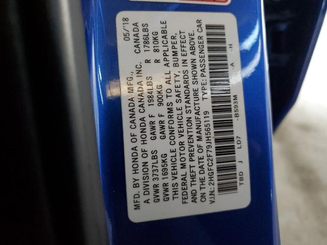 2HGFC2F79JH565119 - 2018 HONDA CIVIC EX Niebieski zdjęcie 12