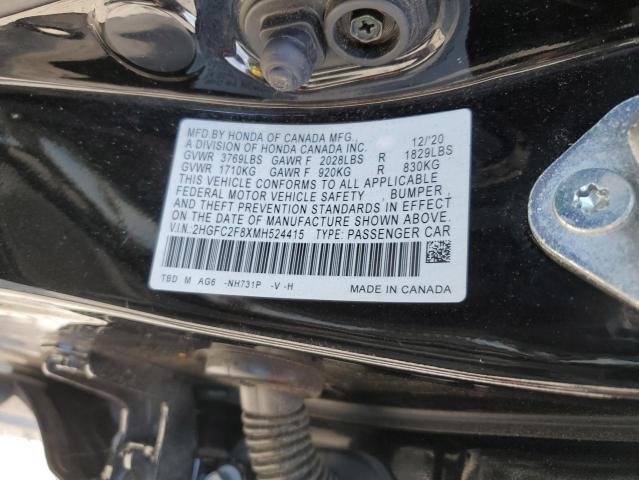 2HGFC2F8XMH524415 - 2021 HONDA CIVIC SPORT BLACK photo 12