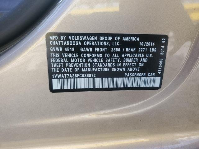 1VWAT7A36FC036972 - 2015 VOLKSWAGEN PASSAT S Dorado foto 12