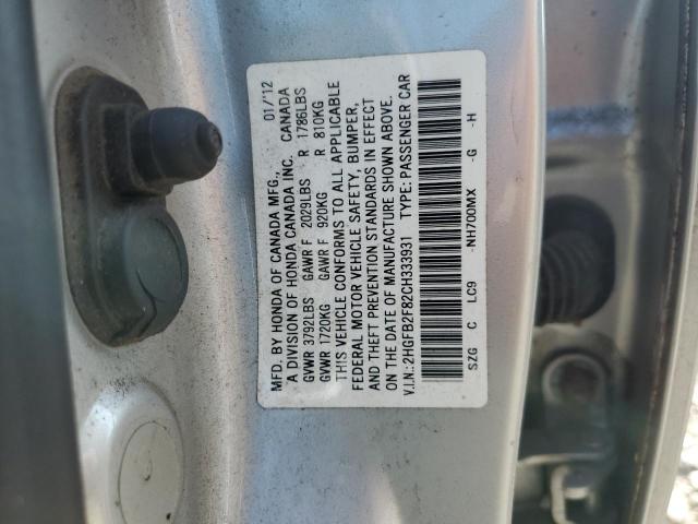 2HGFB2F82CH333931 - 2012 HONDA CIVIC EX SILVER photo 13